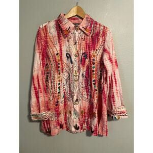 Anu Womens Tunic Size S/M Pink Tie Dye Floral Embroidered Button Up Artsy Boho